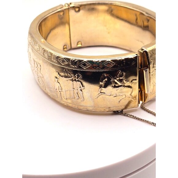 Vintage Hinged Chunky Gold Bracelet wChain 1940s Marked Japan Engraved Victorian - Picture 6 of 9